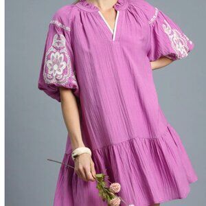 117.Embroidered Puff Sleeve Babydoll Dress